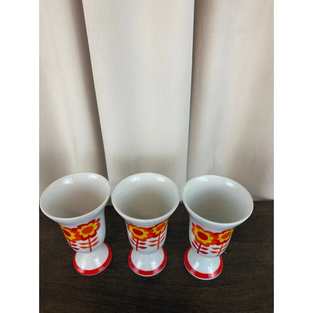 VTG 1970s Set‎ of THREE MCM Ceramic Chalice Cups Retro Orange Daisy Pattern
